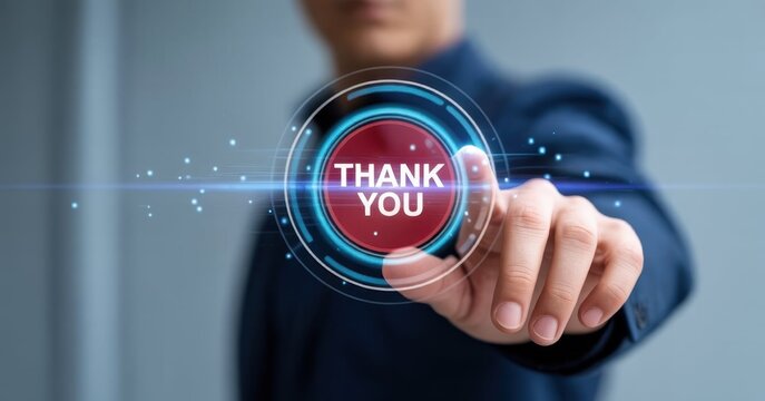 Digital Gratitude: A hand gracefully engages with a virtual interface, triggering a Thank You message, showcasing digital communication and acknowledgment. - Powered by Adobe