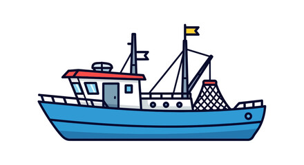Cartoon Fishing Boat with Net and Flag.