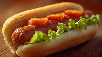 Delicious hot dog with fresh lettuce and ripe tomatoes in a soft bun, perfect for a casual meal