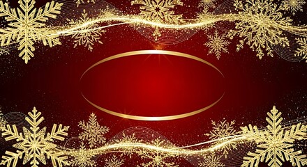 Elegant golden snowflakes and light swirls frame a deep red background with a central oval space for text