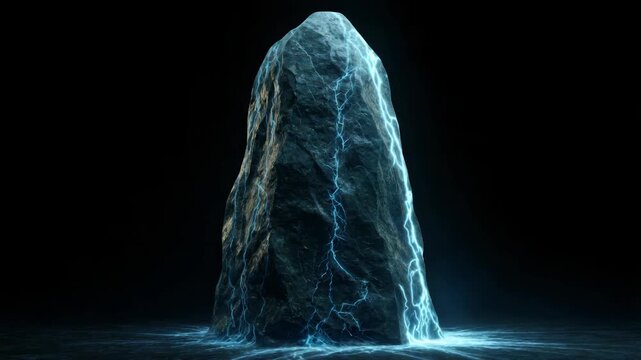 Large dark crystal monolith with glowing electric veins, realistic style, isolated on black background. Concept of power and mysticism