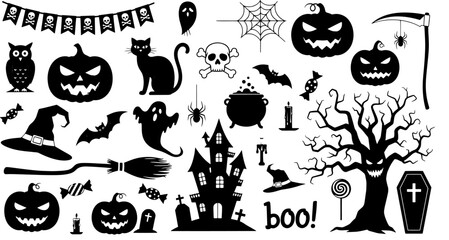 Halloween silhouettes collection spooky elements for spooky season design projects vector
