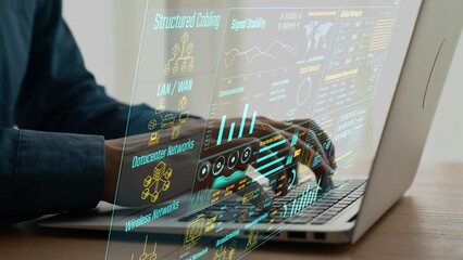 A close-up view of a hands-on laptop working with advanced communication network graphics and data visualizations, showcasing structured signal management and network efficiency. Cipher