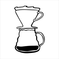 Hand-drawn linear doodle of a reusable drip coffee filter. Minimalist outline illustration of a metal or fabric filter, ideal for sustainable coffee brewing
