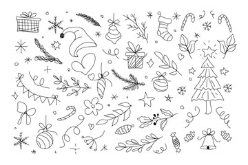 Hand Drawn Christmas Doodle Vector Set. Festive Holiday Sketch Line Art