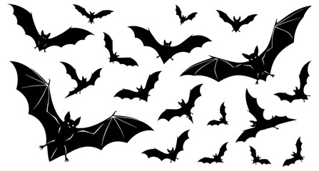 Fototapeta premium Silhouette bat swarm spooky halloween flying creatures collection dark mysterious night wildlife vector