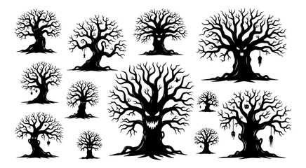 Collection of spooky silhouetted gnarled bare halloween trees spooky silhouette tree collection vector