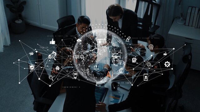 A dynamic business meeting with a diverse team collaborating over technology and digital interfaces, showcasing global connections and innovative ideas. Raster