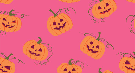 Cheerful Halloween pumpkins smiling on a vibrant pink background, perfect for holiday designs

