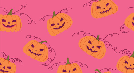 Cheerful Halloween pumpkins smiling on a vibrant pink background, perfect for holiday designs

