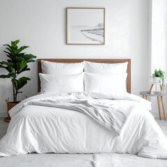 Minimalist bedroom with white bedding and plants