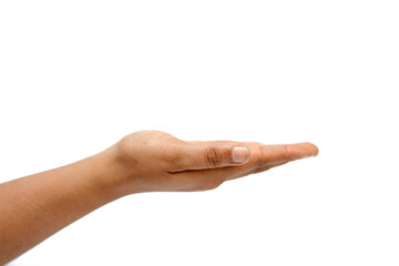 Female hand showing something isolated on white