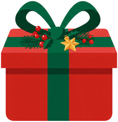 Christmas gift box with green ribbon and holly decoration, red festive present isolated on transparent background