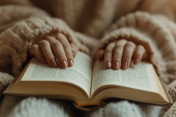 Close-up of hands holding an open book. The hands have light nail polish and are covered by a cozy, knitted sweater. The background is soft and warm.