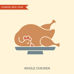 Flat vector illustration of whole chicken on plate symbolizing traditional Chinese New Year food. Festive dish for holiday dinner, Asian cuisine and cultural celebration themes