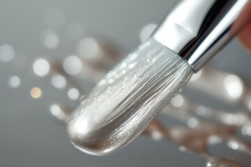 Close-up of a makeup brush with shimmering silver cream on the bristles. Soft bokeh background enhances the beauty theme.
