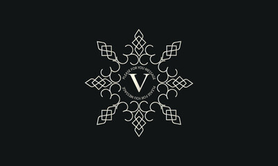 A luxurious monogram logo template for badge design featuring a centered letter V. A trendy vintage frame illustration, perfect for a fashion boutique, store, or hotel brand.