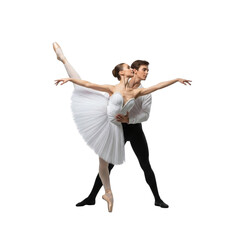 Elegant ballet dancers performing graceful pas de deux isolated on transparent background