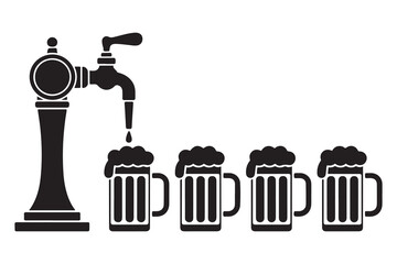 Black silhouette of beer pump for bar with tap and handle and with set full beer mugs with foam. Pouring in beer glasses. Vector Black silhouettes. with white background