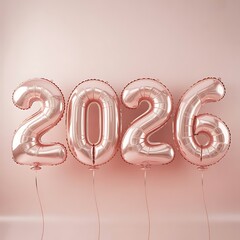 Rose gold 2026 balloon numbers floating against a soft pink backdrop