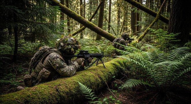 Two soldiers in camouflage gear, one with a rifle, in a dense forest with fallen trees and ferns.