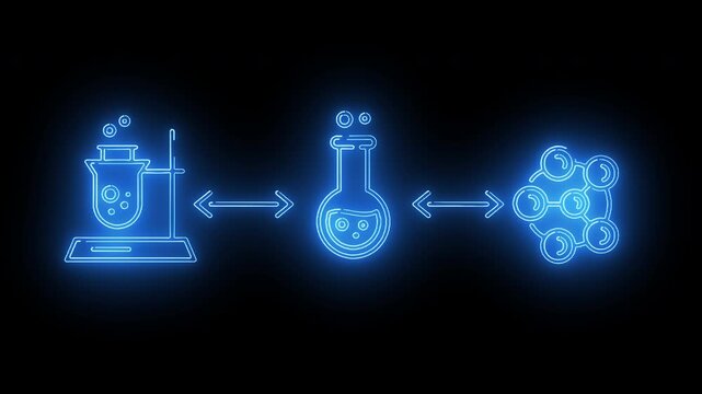 Glowing blue neon flask animation showing molecular connection and fluid exchange process - Powered by Adobe