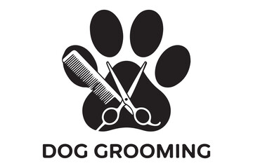 Dog grooming logo design template. Dog pawprint with comb and scissors. Vector clipart and drawing. Vector Black silhouettes. with white background