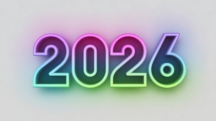The year 2026 is displayed in neon light isolated on white background
