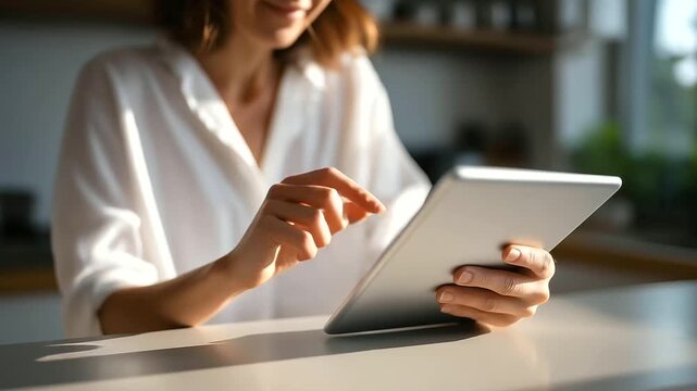 Tablet with a security interface on a kitchen counter a woman adjusting a bag in the background sunlight streaming in smart home security digital interface modern kitchen tec