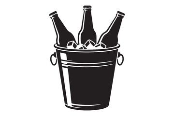 Black silhouettes bottles beer in a metal bucket with handles and ice cube. Vector Black silhouettes. with white background