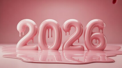 The year 2026 is depicted in a pink, dripping, and glossy font style