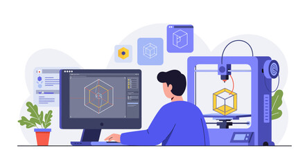 Modern 3d printing process with flat design elements