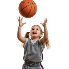 Young girl happily playing basketball, reaching for the ball with excitement and joy.