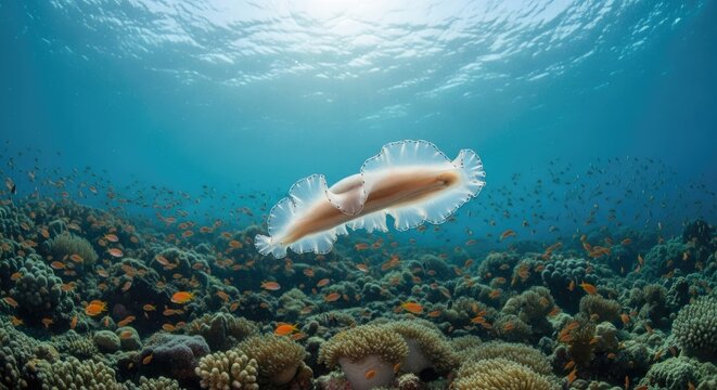 A vibrant underwater scene with a large, colorful jellyfish swimming near a coral reef with a school of fish. - Powered by Adobe