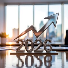 A 2026 year with an arrow pointing upwards in a modern office