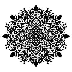 Intricate black and white mandala design with detailed patterns isolated on white background