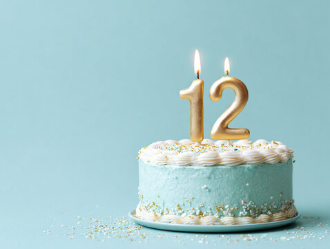 Celebration of a 12th birthday with a blue cake and golden candles