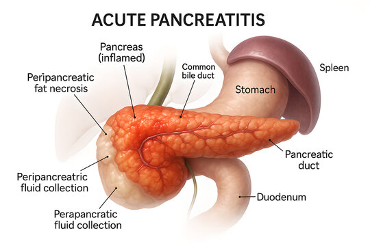 3D cutaway view of abdomen displaying pancreas with acute inflammation, visible bile duct and duodenum connection, photorealistic lighting, medical accuracy, white background
