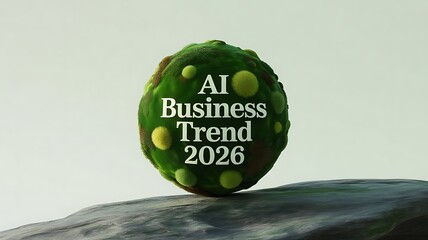 Ai business trend 2026 on a green sphere with yellow dots on a rock