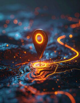 Illuminated location marker pin atop abstract glowing topographic map