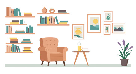 Cozy living room interior with armchair and shelves in minimalist design