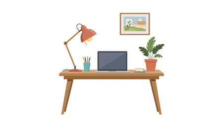 Cozy workspace with laptop, lamp, and plant on wooden desk