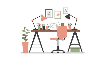 Cozy home office with modern desk and botanical decor