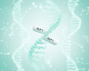 GLP-1 Capsules Floating Inside DNA Helix on Soft Mint Background. Concept of Weight Loss Medication, Hormonal Balance Support, Biotech Pharma Trends, and Cutting-Edge Medical Innovations