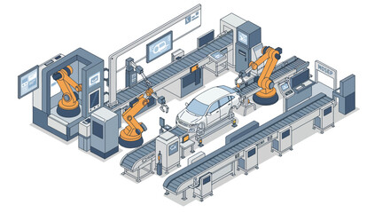 Obraz premium Modern isometric car manufacturing line with robotic arms and assembly conveyors
