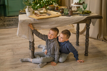 Funny naughty boys are sitting under the Christmas table, waiting for a holiday and miracles