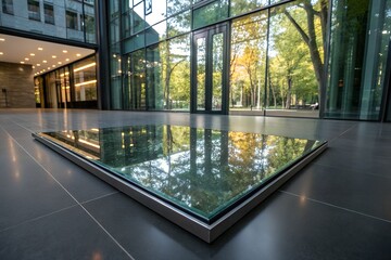 Glass-walled building with reflections of nature, modern interior with minimalistic style and clean lines.