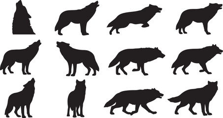 Illustration of collection of wolf silhouettes in various poses