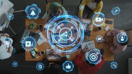 Content marketing interface with data dashboards, analytics charts, and content tools. Marketing...