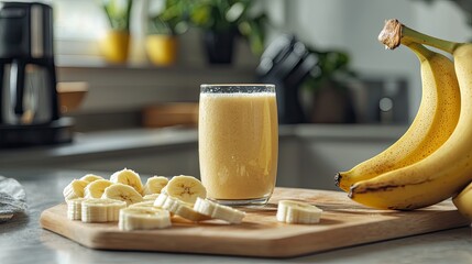 Bananas and sliced bananas on a wooden cutting board in a kitchen setting.